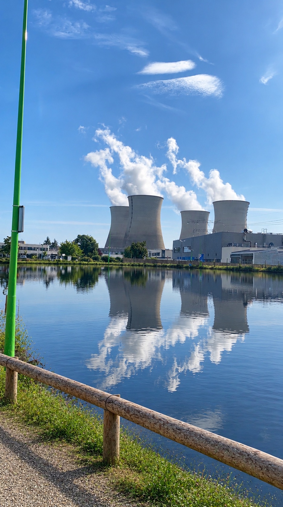 Centrale nucléaire avec tours de refroidissement et reflets dans l’eau